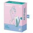 Satisfyer Love Breeze Air Pulse Stimulator Ice Blue packaging with a soft color design and product details.