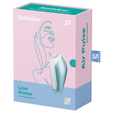 Satisfyer Love Breeze Air Pulse Stimulator Ice Blue packaging with a soft color design and product details.