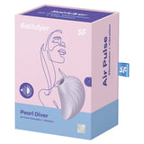 Satisfyer Pearl Diver Air Pulse Vibrator Violet packaging showcasing elegant design and features for clitoral pleasure.