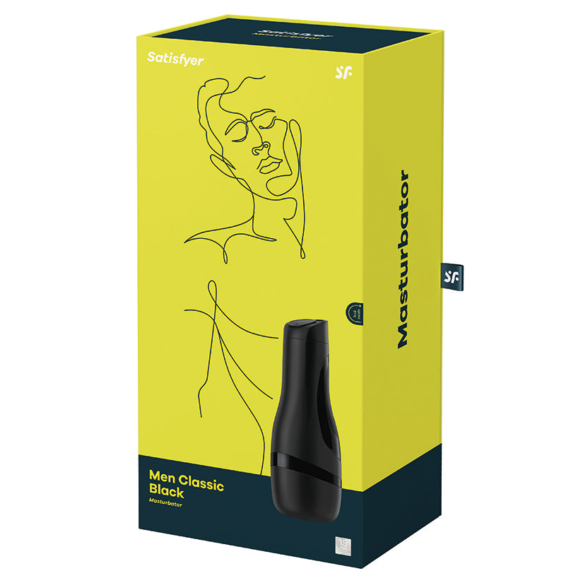 Satisfyer Men Classic Masturbator Black packaging featuring sleek design and stimulating features.