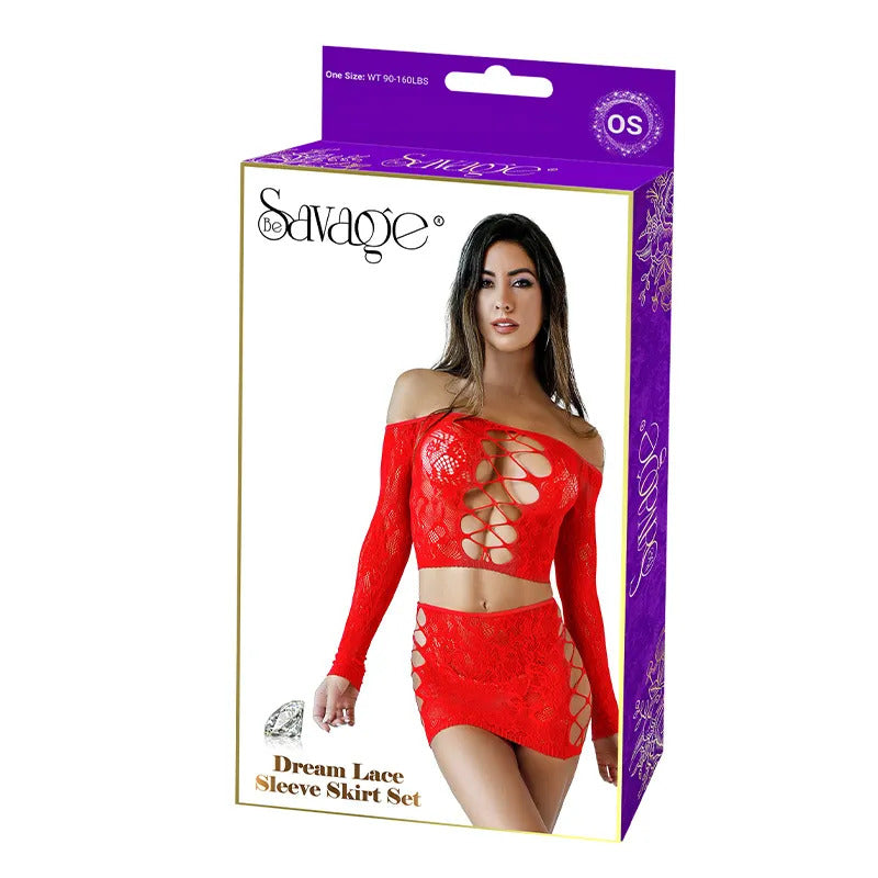 Be Savage Dream Lace Sleeve Skirt Lingerie Set Red packaging showcasing a model in a red lace lingerie set.