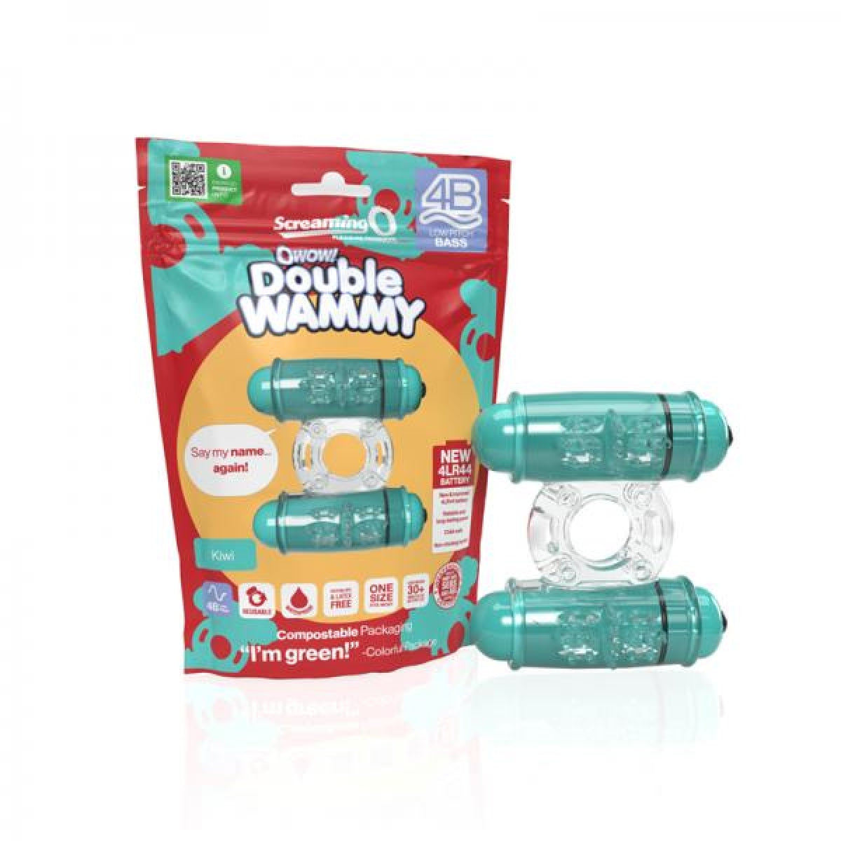 Screaming O 4B Double Wammy Vibrating Cock Ring Kiwi packaging with two vibrating motors for couples play.