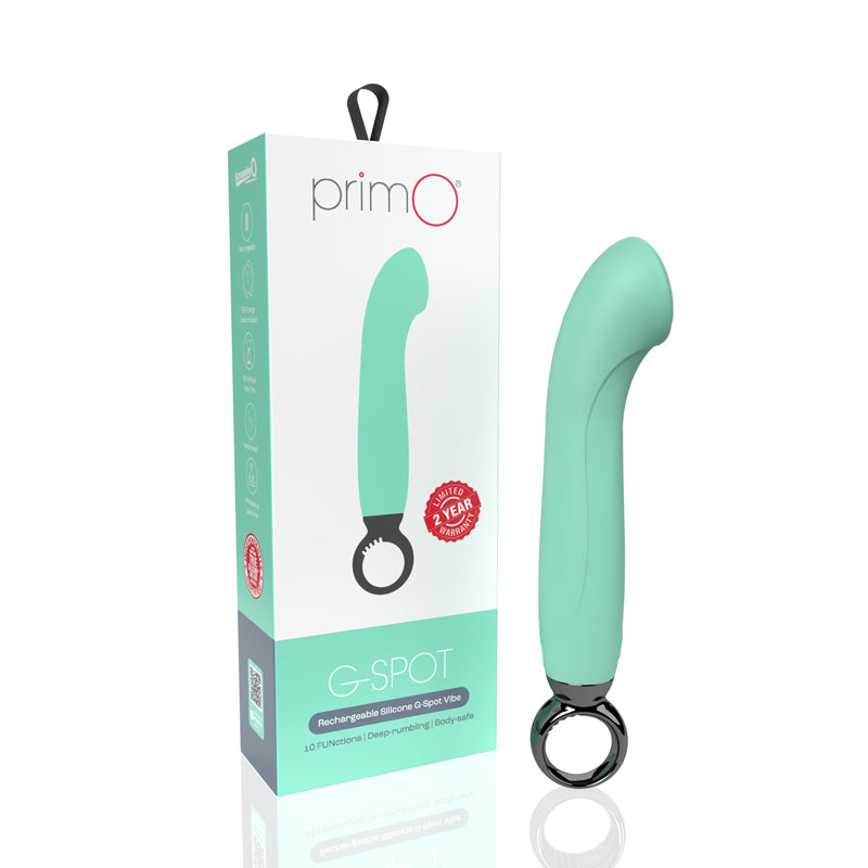 Screaming O Primo G Spot Vibe Kiwi - Rechargeable silicone G-spot vibrator packaging with sleek design.