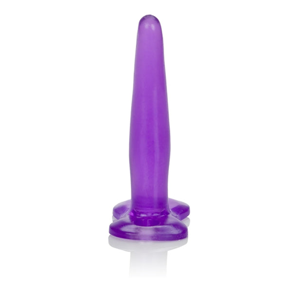 CalExotics Silicone Tee Probe Butt Plug Purple displayed at an angle, featuring its smooth, slim design and sturdy base.