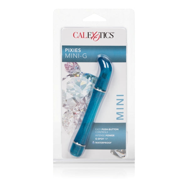 Pixies Mini G Pinpoint G-Spot Vibrator Blue Waterproof packaging with sleek design and product details