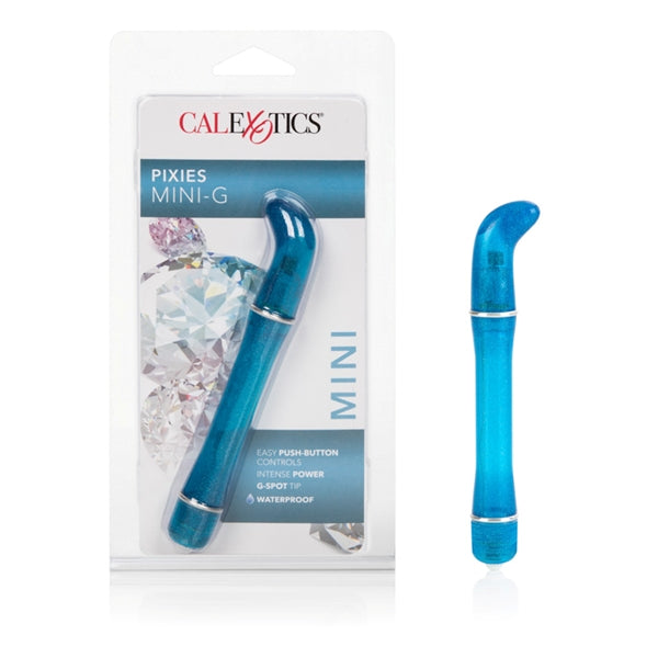 Pixies Mini G Pinpoint G-Spot Vibrator Blue Waterproof product in packaging with a contoured design for targeted pleasure.