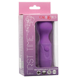 First Time Rechargeable Silicone Massager Purple in packaging highlighting 10 functions of vibration.
