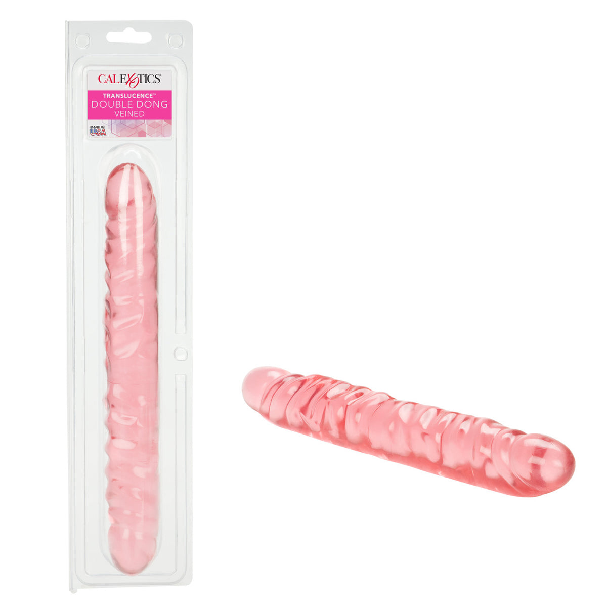 Translucence Veined 12 Inch Double Dong Pink in packaging, showcasing dual-purpose, realistic design for versatile play.