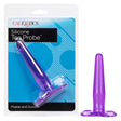 CalExotics Silicone Tee Probe Butt Plug Purple in packaging with a smooth, slim design for comfortable anal play.