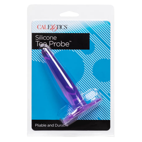CalExotics Silicone Tee Probe Butt Plug Purple packaged with soft silicone for comfortable use and secure design.