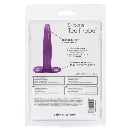 CalExotics Silicone Tee Probe Butt Plug Purple packaging showing a slender, soft silicone probe with flanged base.