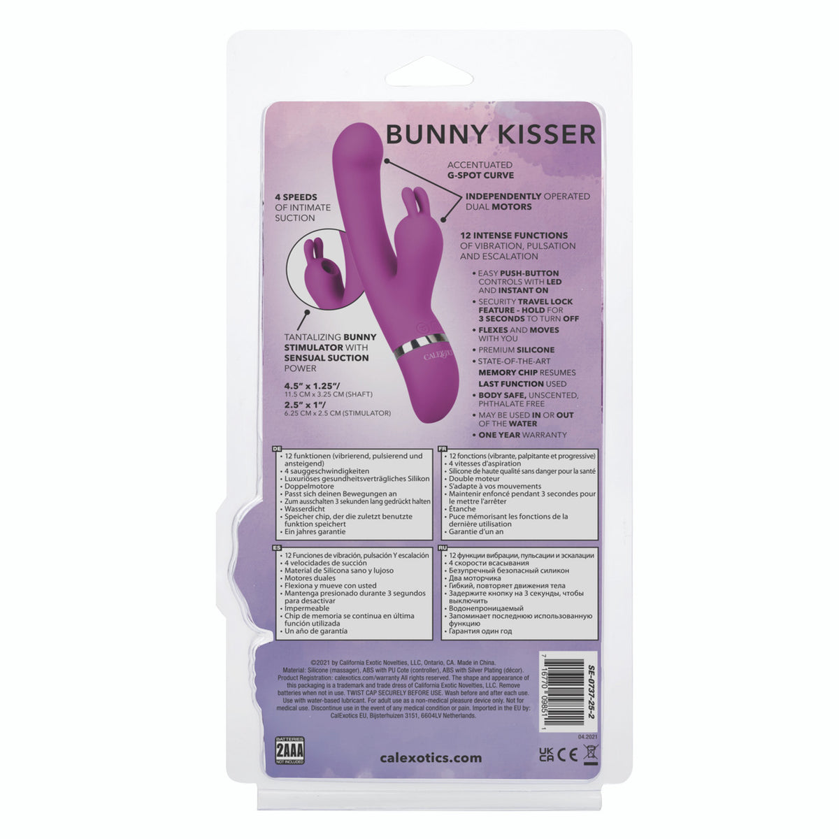 Foreplay Bunny Kisser Rabbit Vibrator Purple packaging with G-spot curve details and dual motor features.
