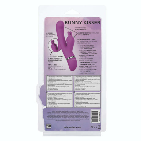 Foreplay Bunny Kisser Rabbit Vibrator Purple packaging with G-spot curve details and dual motor features.