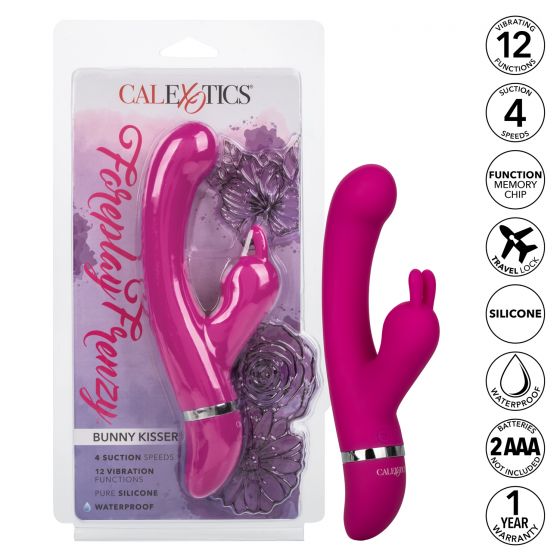Foreplay Bunny Kisser Rabbit Vibrator Purple packaging showcasing dual-action G-spot and clitoral stimulation features.