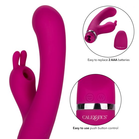 Foreplay Bunny Kisser Rabbit Vibrator Purple close-up showing controls and features, designed for dual action stimulation.