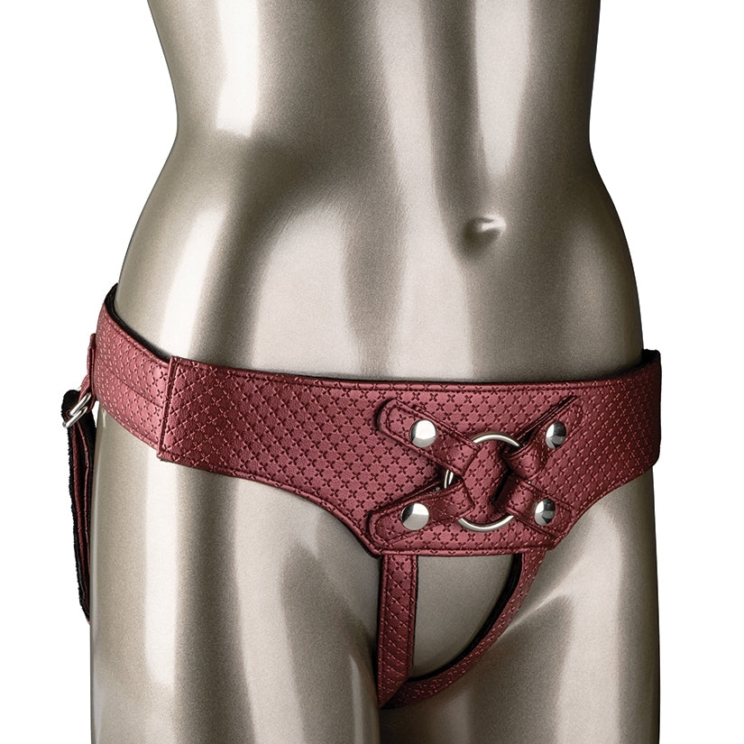 Her Royal Harness The Regal Empress Red displayed on a mannequin, showcasing its premium strap-on design and luxurious materials.