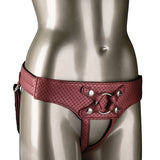 Her Royal Harness The Regal Empress Red displayed on a mannequin, showcasing its premium strap-on design and luxurious materials.