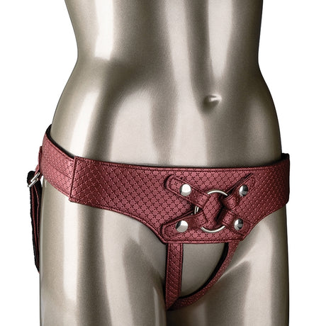 Her Royal Harness The Regal Empress Red displayed on a mannequin, showcasing its premium strap-on design and luxurious materials.