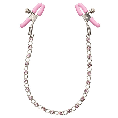 Nipple Play Crystal Chain Nipple Clamps Pink with adjustable pink clamps and crystal-accented chain for intimate play.