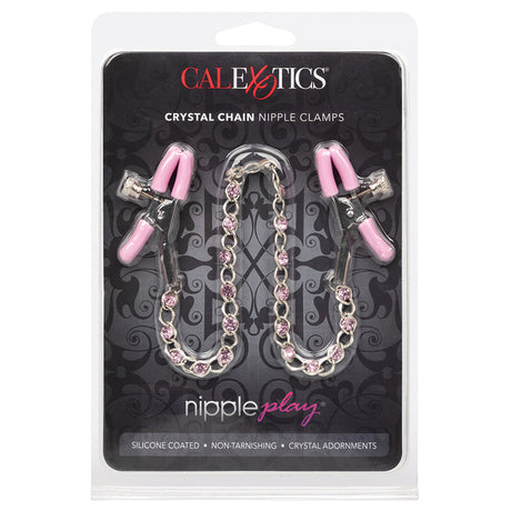 Nipple Play Crystal Chain Nipple Clamps Pink in packaging featuring silicone coated clamps and crystal chain.