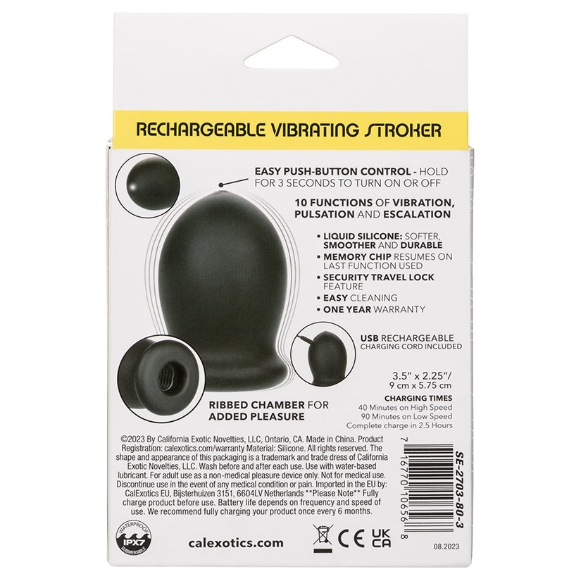 Boundless Rechargeable Vibrating Stroker packaging highlighting features and specifications.