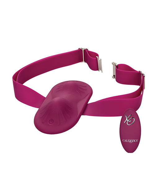 Dual Rider Remote Control Grinder Magenta with thigh strap and remote control for enhanced intimate experiences.