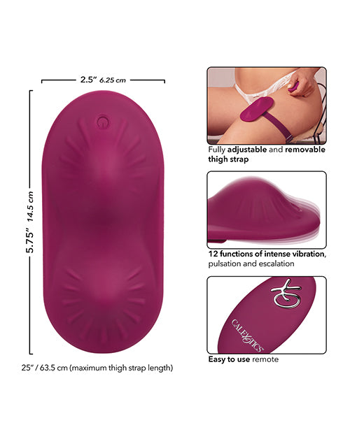 Image of Dual Rider Remote Control Grinder Magenta displaying ergonomic shape, remote control, and adjustable thigh strap.
