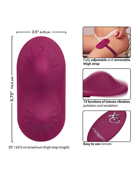 Image of Dual Rider Remote Control Grinder Magenta displaying ergonomic shape, remote control, and adjustable thigh strap.