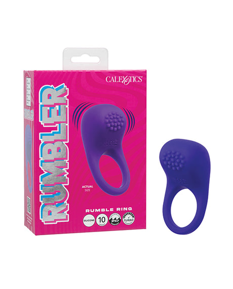 Rumbler Rumble Vibrating Ring Purple in packaging showcasing its features and design for enhanced intimate pleasure.