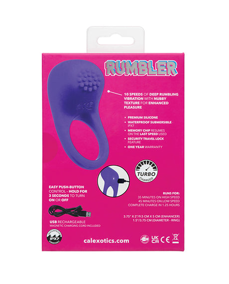 Rumbler Rumble Vibrating Ring Purple packaging showcasing 10 speeds of vibration and nubby texture for enhanced pleasure.