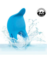 Rumbler Rumble Dual Vibrating Ring Blue splashing in water, showcasing waterproof design and exciting features.