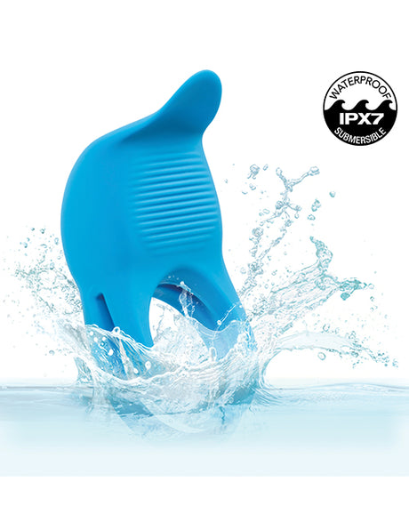 Rumbler Rumble Dual Vibrating Ring Blue splashing in water, showcasing waterproof design and exciting features.