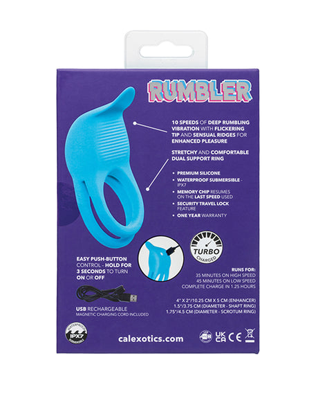 Rumbler Rumble Dual Vibrating Ring Blue packaging showcasing features and design.