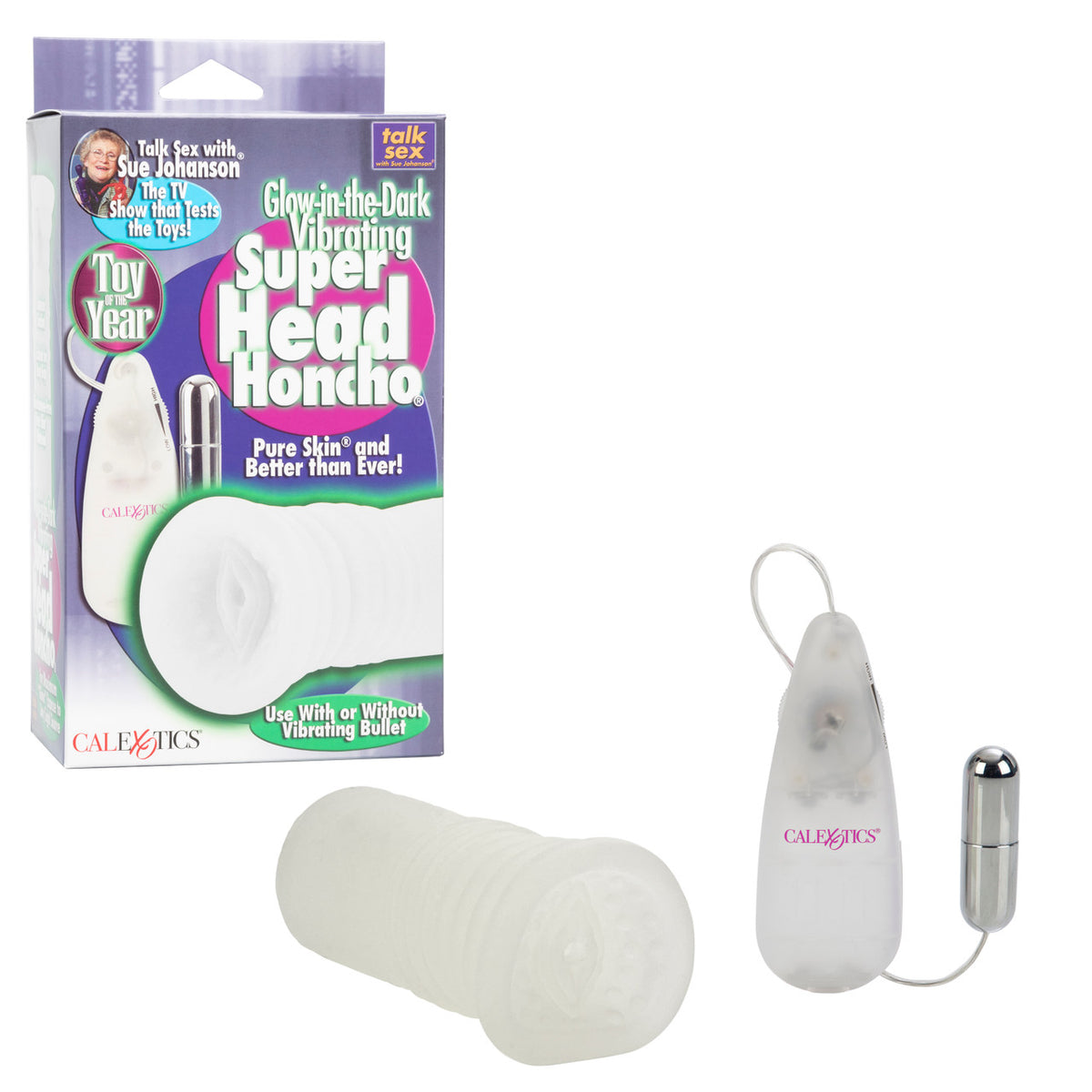 Sue Johanson Super Head Honcho White Glow In The Dark product packaging and stroker with vibrating bullet.