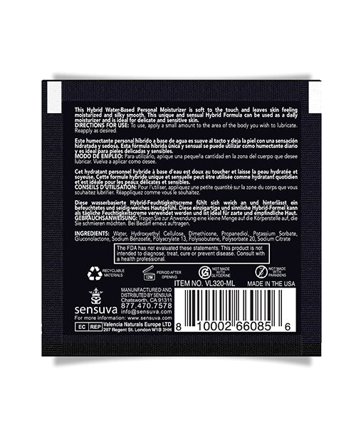 Sensuva Hybrid Personal Moisturizer 6 ml Unscented product packaging with ingredient details and usage instructions.