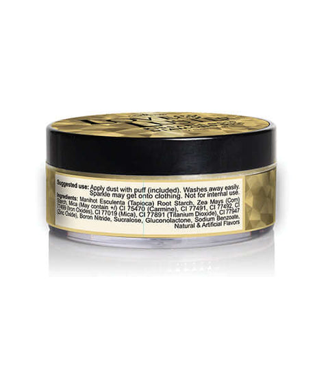 Sensuva Love & Luster Kissable Gold Diamond Dust Jar 2 oz packaging with usage instructions on the side.