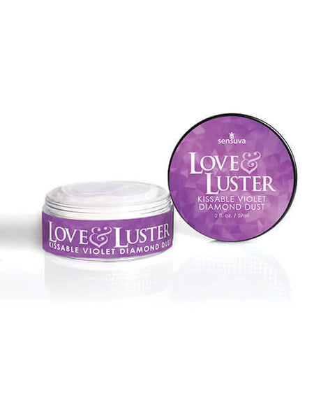 Sensuva Love & Luster Kissable Violet Diamond Dust 2 oz container showcasing its sparkling violet body dust.