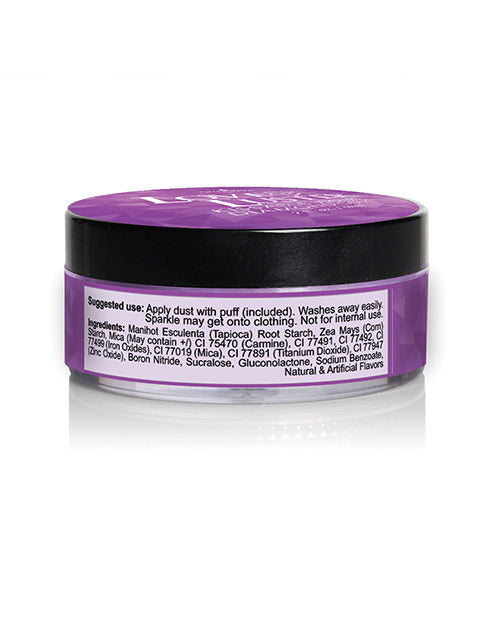 Sensuva Love & Luster Kissable Violet Diamond Dust 2 oz jar with vibrant purple lid and body shimmer inside.