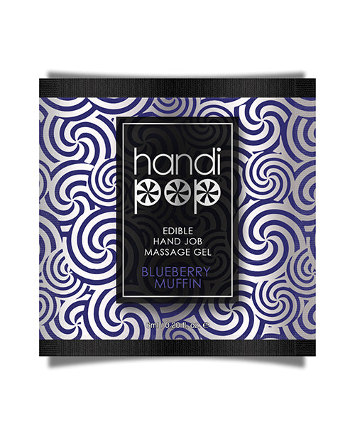 Handipop Hand Job Massage Gel 6 ml Blueberry Muffin packaging design on a vibrant blue and white swirled background.