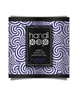 Handipop Hand Job Massage Gel 6 ml Blueberry Muffin packaging design on a vibrant blue and white swirled background.