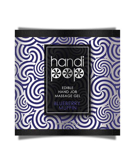 Handipop Hand Job Massage Gel 6 ml Blueberry Muffin packaging design on a vibrant blue and white swirled background.