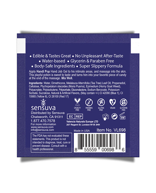 Handipop Hand Job Massage Gel 6 ml Blueberry Muffin packaging with edible ingredients and water-based formula.