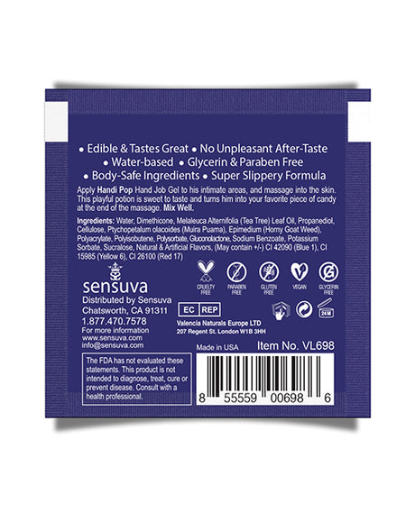 Handipop Hand Job Massage Gel 6 ml Blueberry Muffin packaging with edible ingredients and water-based formula.