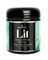 Sensuva Lit Eucalyptus Luxury Massage Candle 4 Oz in a black container with green swirls for relaxation and skin nourishment.