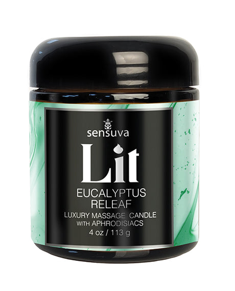 Sensuva Lit Eucalyptus Luxury Massage Candle 4 Oz in a black container with green swirls for relaxation and skin nourishment.