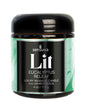 Sensuva Lit Eucalyptus Luxury Massage Candle 4 Oz in a black container with green swirls for relaxation and skin nourishment.