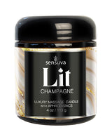 Sensuva Lit Champagne Luxury Massage Candle 4 Oz with elegant design and aphrodisiacs for a luxurious massage experience.