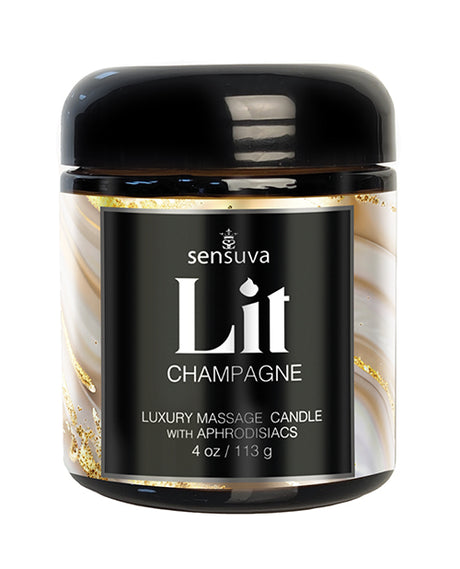 Sensuva Lit Champagne Luxury Massage Candle 4 Oz with elegant design and aphrodisiacs for a luxurious massage experience.