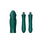 ZALO Sesh Compact Sex Machine in Turquoise Green with two replaceable vibrating massage sticks, featuring PowerThrust technology.