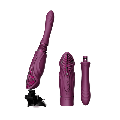 ZALO Sesh Compact Sex Machine in Velvet Purple with PowerThrust technology and interchangeable vibrating massage sticks.